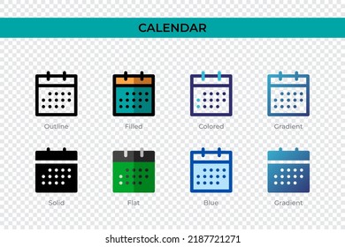 Calendar icon in different style. Calendar vector icons designed in outline, solid, colored, filled, gradient, and flat style. Symbol, logo illustration. Vector illustration