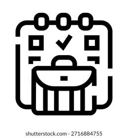 Calendar icon displaying a briefcase and a checkmark, symbolizing effective planning, scheduling, and management of business travel, appointments, and project deadlines