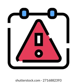 Icono de calendario que muestra un triángulo rojo de advertencia con un signo de exclamación, que simboliza un recordatorio urgente, una fecha límite importante o un evento significativo que requiere atención y notificación
