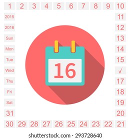 Calendar  icon,  event icon,  calendar page. easily editable. all dates of the month and days of the week. 2015, 2016. Vector illustration