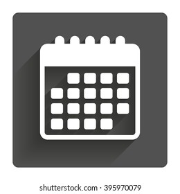 Calendar icon. Event reminder symbol. Gray flat square button with shadow. Modern UI website navigation.