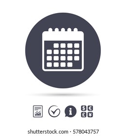 Calendar icon. Event reminder symbol. Report document, information and check tick icons. Currency exchange. Vector