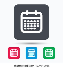 Calendar icon. Events reminder symbol. Colored square buttons with flat web icon. Vector