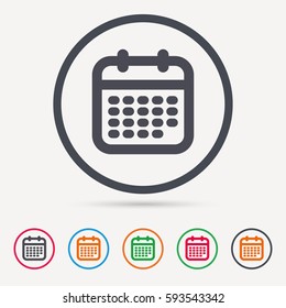Calendar icon. Events reminder symbol. Round circle buttons. Colored flat web icons. Vector
