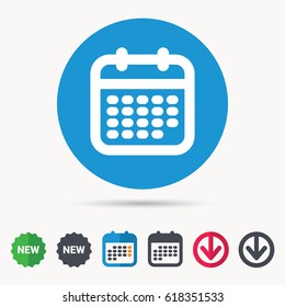 Calendar icon. Events reminder symbol. Calendar, download arrow and new tag signs. Colored flat web icons. Vector