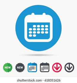 Calendar icon. Events reminder symbol. Calendar, download arrow and new tag signs. Colored flat web icons. Vector