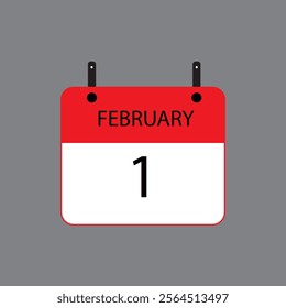 Calendar icon with February 1st date on grey background. Vector schedule symbol.