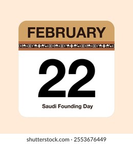 Calendar icon for February 22, the anniversary of Saudi Founding Day, with traditional Saudi engravings.Vector 