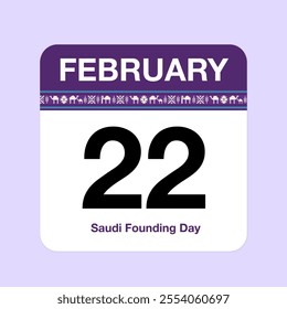 Calendar icon for February 22, the anniversary of Saudi Founding Day, with traditional Saudi engravings.lavender color.