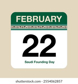 Calendar icon for February 22, the anniversary of Saudi Founding Day, with traditional Saudi engravings.Green color.