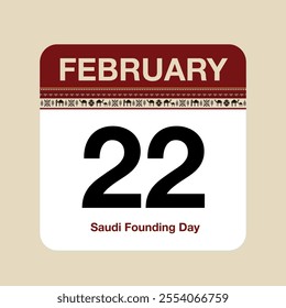 Calendar icon for February 22, the anniversary of Saudi Founding Day, with traditional Saudi engravings.Red color.