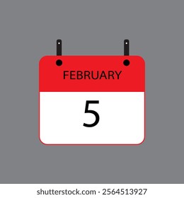 Calendar icon with February 5th date on grey background. Vector schedule symbol.
