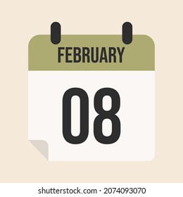 página del calendario del 8 de febrero, día, mes y año, icono del calendario blanco con verde