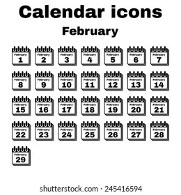 The calendar icon.  February symbol. Flat Vector illustration. Set