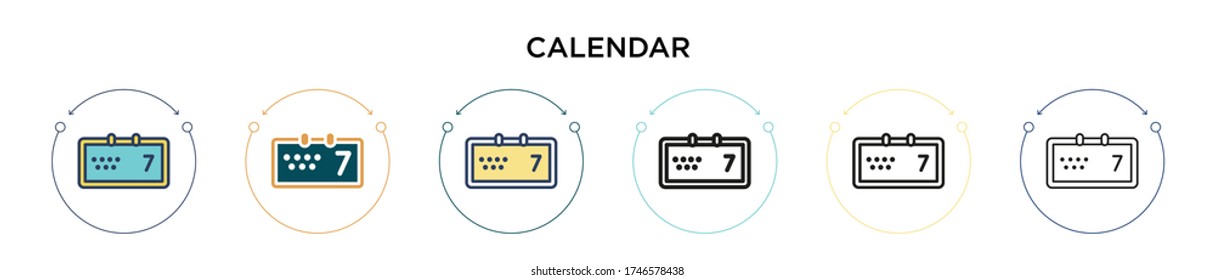 Calendar icon in filled, thin line, outline and stroke style. Vector illustration of two colored and black calendar vector icons designs can be used for mobile, ui, web