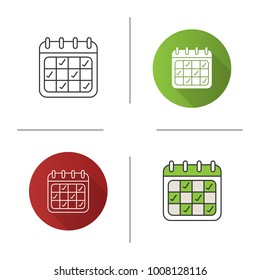 Calendar icon. Flat design, linear and color styles. Daily organizer. Isolated vector illustrations