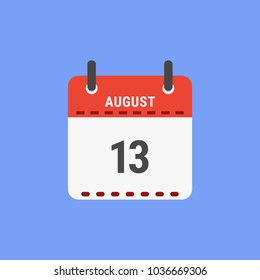 Calendar icon flat design.Calendar of 2018,August 13,Date and day of month.  Vector icon isolated on blue
background, vector illustration.