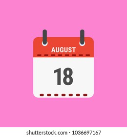 Calendar icon flat design.Calendar of 2018,August 18,Date and day of month.  Vector icon isolated on pink
background, vector illustration.