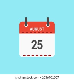 Calendar icon flat design.Calendar of 2018,August 25,Date and day of month.  Vector icon isolated on blue
background, vector illustration.