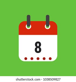 Calendar icon flat design.Calendar of 2018,Date 8 and day of month.  Vector icon isolated on green background, vector illustration.