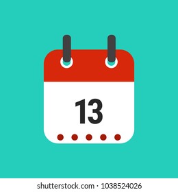 Calendar icon flat design.Calendar of 2018,Date 13 and day of month.  Vector icon isolated on green background, vector illustration.