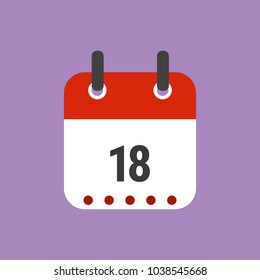 Calendar icon flat design.Calendar of 2018,Date 18 and day of month.  Vector icon isolated on purple background, vector illustration.