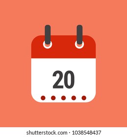 Calendar icon flat design.Calendar of 2018,Date 20 and day of month.  Vector icon isolated on orange background, vector illustration.