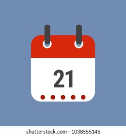 Calendar icon flat design.Calendar of 2018,Date 21 and day of month.  Vector icon isolated on blue background, vector illustration.