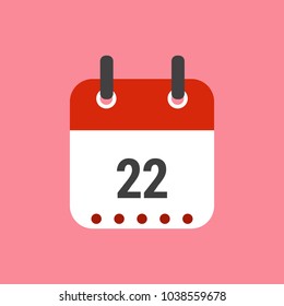 Calendar icon flat design.Calendar of 2018,Date 22 and day of month.  Vector icon isolated on pink background, vector illustration.