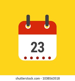 Calendar icon flat design.Calendar of 2018,Date 23 and day of month.  Vector icon isolated on yellow background, vector illustration.