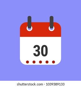 Calendar icon flat design.Calendar of 2018,Date 30 and day of month.  Vector icon isolated on blue
background, vector illustration.