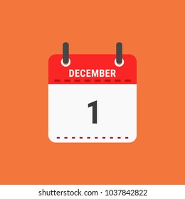 Calendar icon flat design.Calendar of 2018,December 1,Date and day of month.  Vector icon isolated on orange
background, vector illustration.