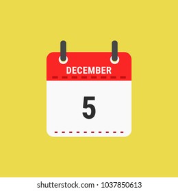 Calendar icon flat design.Calendar of 2018,December 5,Date and day of month.  Vector icon isolated on yellow
background, vector illustration.