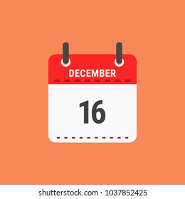Calendar icon flat design.Calendar of 2018,December 16,Date and day of month.  Vector icon isolated on orange
background, vector illustration.