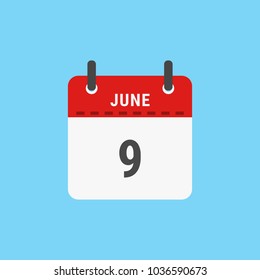 Calendar icon flat design.Calendar of 2018,June 9,Date and day of month.  Vector icon isolated on blue background, vector illustration.
