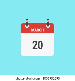 Calendar icon flat design.Calendar of 2018,March 20,Date and day of month.  Vector icon isolated on blue  background, vector illustration.