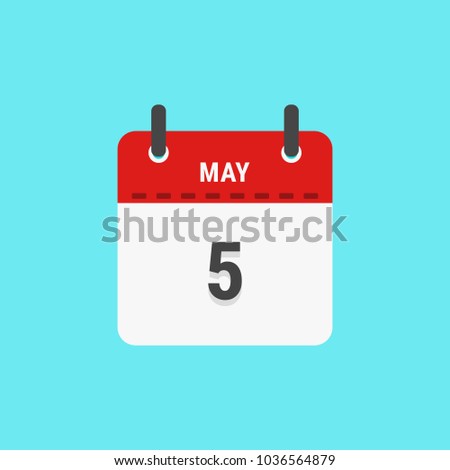 Calendar icon flat design.Calendar of 2018,May 5,Date and day of month.  Vector icon isolated on blue background, vector illustration.