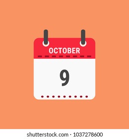 Calendar icon flat design.Calendar of 2018,October 9,Date and day of month.  Vector icon isolated on orange
background, vector illustration.