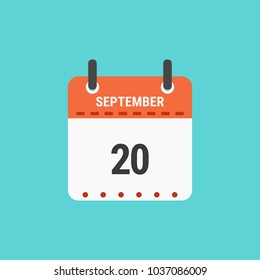 Calendar icon flat design.Calendar of 2018,September 20,Date and day of month.  Vector icon isolated on blue
background, vector illustration.