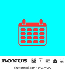 Calendar icon flat. Red pictogram on blue background. Vector illustration symbol and bonus buttons Music center, corkscrew, credit card, house, drum