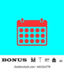 Calendar icon flat. Red pictogram on blue background. Vector illustration symbol and bonus buttons Music center, corkscrew, credit card, house, drum