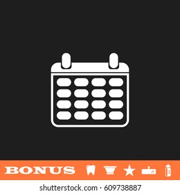 Calendar icon flat. White pictogram on black background. Vector illustration symbol and bonus button tooth, vase, star, mirror, bottle