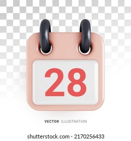 Calendar icon. Flip calendar with the date of the month 28. Realistic 3d vector illustration isolated on transparent background
