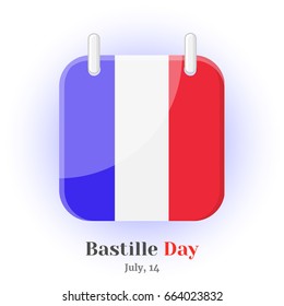 Calendar Icon with France flag and lettering for your design isolated on blue background in cartoon style for Independence Day. Vector illustration. Holiday Collection.