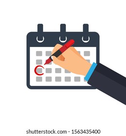 Calendar icon. Hand circles or selects the date on a calendar. Logo template. Deadline concept. Vector illustration.	