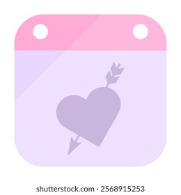 Calendar icon with heart. Pink cute calendar in flat style. Vector illustration isolated on white background.