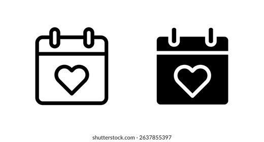 Calendar icon. Heart symbol on marked day sign. Love date, romantic reminder, and Valentines celebration pictogram. Anniversary or wedding schedule illustration.