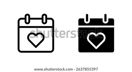 Calendar icon. Heart symbol on marked day sign. Love date, romantic reminder, and Valentines celebration pictogram. Anniversary or wedding schedule illustration.