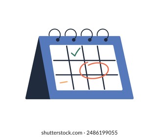 Calendar icon, calendar highlighted important days, deadlines, business appointments, circle marks to save dates, business planning calendar with meeting timetable isolated flat vector illustration.