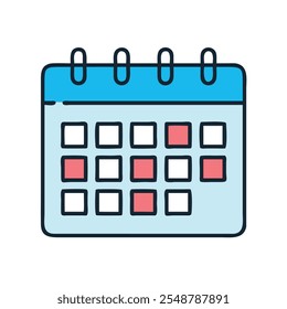 Icono de calendario con fechas rojas resaltadas, icono de calendario colorido con un encabezado azul y varias fechas resaltadas en rojo, ideal para programar, planificar eventos y temas de gestión de tiempo.